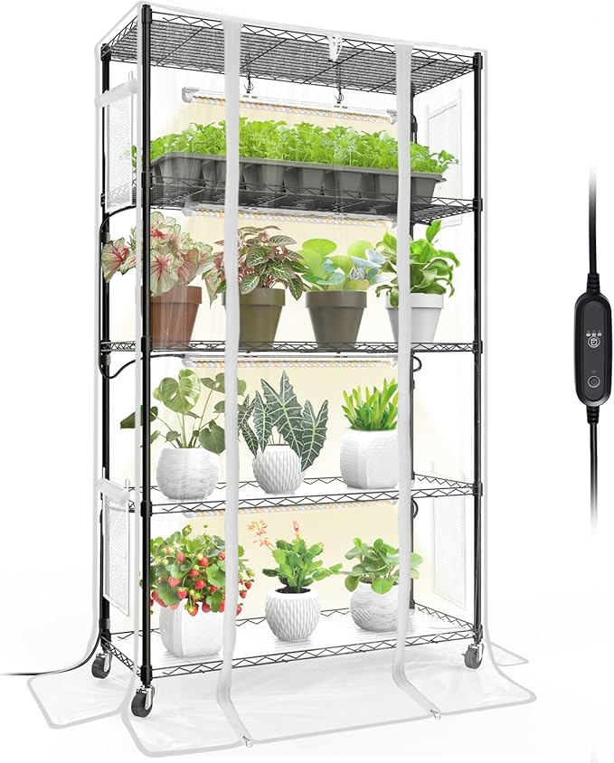 Indoor Greenhouse with Grow Light, Mini Green House with 4 Pack 24W Full Spectrum Plant Lights with Timer, Plant Shelf with Tent for Indoor Plant, Seed Starting, Seed Tray, 35.4"x13.8"x59"
