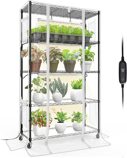 Indoor Greenhouse with Grow Light, Mini Green House with 4 Pack 24W Full Spectrum Plant Lights with Timer, Plant Shelf with Tent for Indoor Plant, Seed Starting, Seed Tray, 35.4"x13.8"x59"