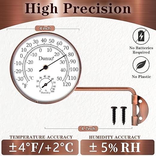 Outdoor Thermometer - Weatherproof & Decorative Outside Temperature Gauge for Window, Greenhouse Accessories and Patio (Easy-Read Brass Swivel Design) (4inch with Longer arm)
