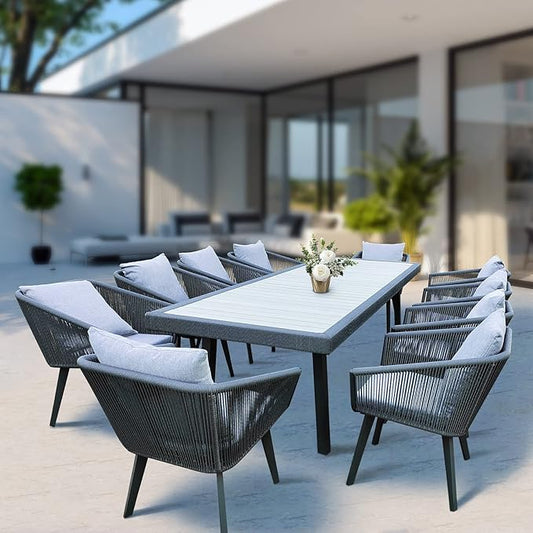 11 Pieces Patio Dining Set, All in One Wicker Furniture Set with Cushions, 10 Aluminum Frame Chairs and 1 Rectangle Table, Lighter Grey