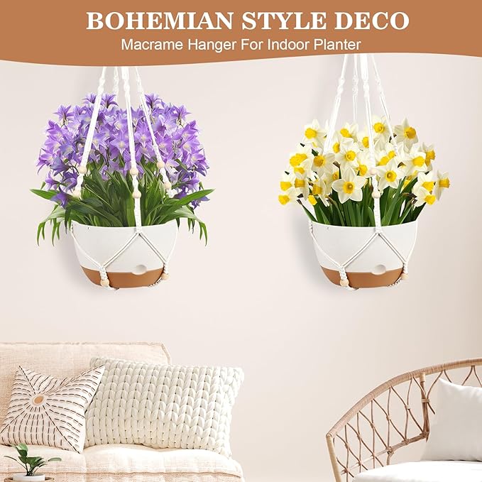 3 Pack Hanging Planters for Indoor Plants, 10 + 10 + 8 Inch Self-Watering Hanging Plant Pot, Macrame Plant Hanger with Pot, Ceiling Hooks, Removable Saucer and Drainage Holes for Garden Home - White