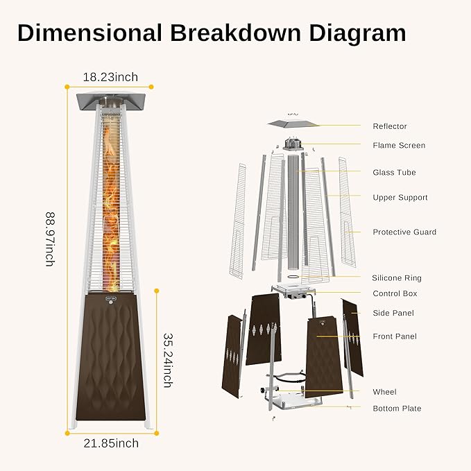 EAST OAK Pyramid Patio Heater, 48,000 BTU Outdoor Patio Heater, Quartz Glass Tube Propane Heater for Commercial & Residential, Triple Protection System, With Wheels, 2024 Upgrade, Bronze
