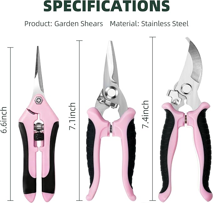 3 Pack Garden Pruning Shears, Stainless Steel Shears, Gardening Shears, Scissors, Garden Clippers, Pruning Snips, Pruning Shears for Gardening Tools (Pink)