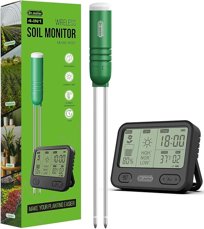 4-in-1 Soil Moisture Meter, 300ft Wireless Soil Tester Sensor, Temperature/Light/Time/Soil Hygrometer Monitor with Digital LCD Display for Indoor Outdoor Plants, Garden, Lawn, Gardening Gifts