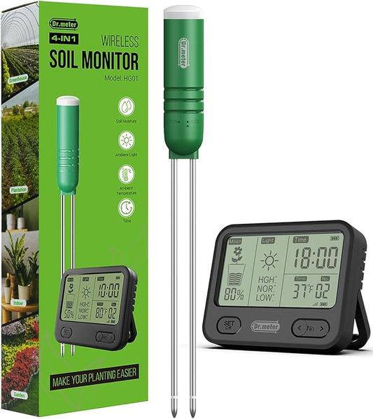 4-in-1 Soil Moisture Meter, 300ft Wireless Soil Tester Sensor, Temperature/Light/Time/Soil Hygrometer Monitor with Digital LCD Display for Indoor Outdoor Plants, Garden, Lawn, Gardening Gifts