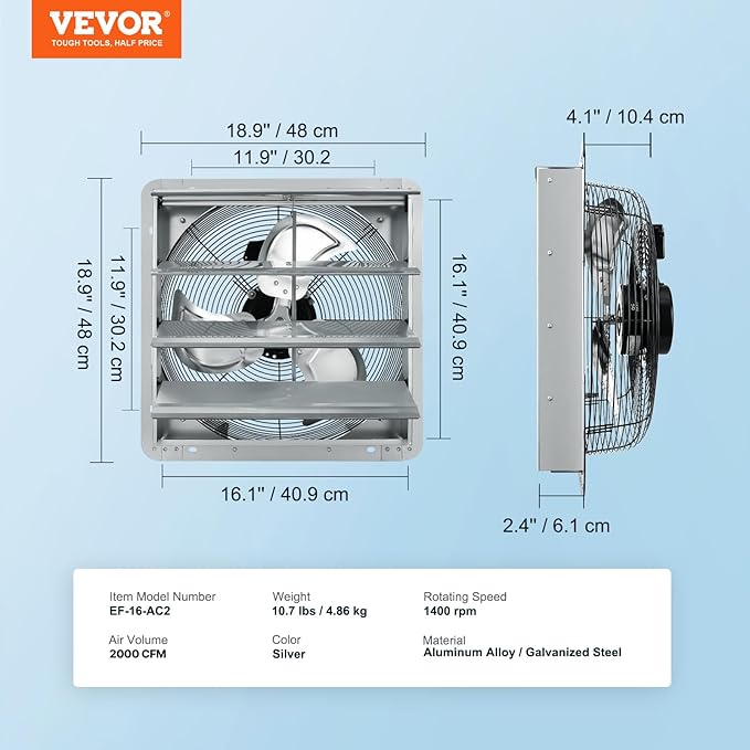 VEVOR Shutter Exhaust Fan, 16'' with High Speed, AC-motor, 2000 CFM, Wall Mount Attic Fan, Ventilation and Cooling for Greenhouses, Garages, Sheds, FCC