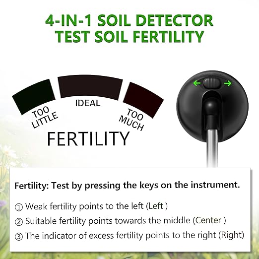 4-in-1 Soil Tester, Soil Moisture Meter/Soil PH Meter/Sun-Light/Fertility, Moisture Meter for Plants Gardening, Lawn, Farm (No Battery Required)