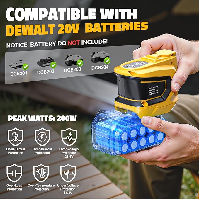 2PCS 200W Power Inverter for DeWalt, DC 20V to AC 110-120V Battery Inverter, Portable Battery Adapter Phone Charger Converter with 2 USB & 1 Type-C & 1 AC Outlet for Camping Essentials (Tool Only)