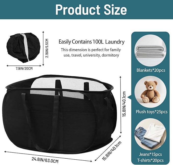 100L Collapsible Laundry Baskets, Tear Proof Pop Up Laundry Hamper with Dual Handles, Large Foldable Laundry Basket, Easy to Carry Laundry Hamper for Home, Laundry Room, Bedroom, Dorm, Travel Black