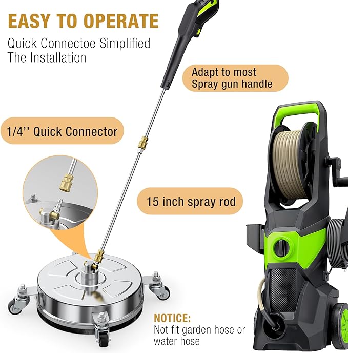 14" Pressure Washer Surface Cleaner with 4 Wheels, Stainless Steel Housing, 4000 PSI Max, 3 Connect Nozzles & 2 Extension Wands, Pressure Washer Surface Cleaner for Concrete, Patios, Sidewalks