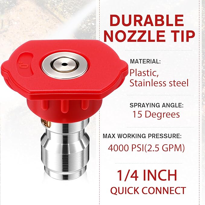 10 Pcs Pressure Washer Nozzle Tips 1/4 Inch Quick Connector 2.5 Gpm 4000 Psi Power Washer Spray Tips Set for Home Car Patio Driveway (Red)