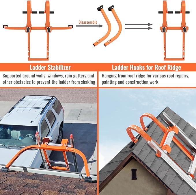 2 in 1 Ladder Hooks for Roof Ridge Heavy Duty Steel Ladder Roof Hook with Rubber Grip T-Bar for Damage Prevention, Extension Ladder Stabilizer 550 lbs Load Capacity
