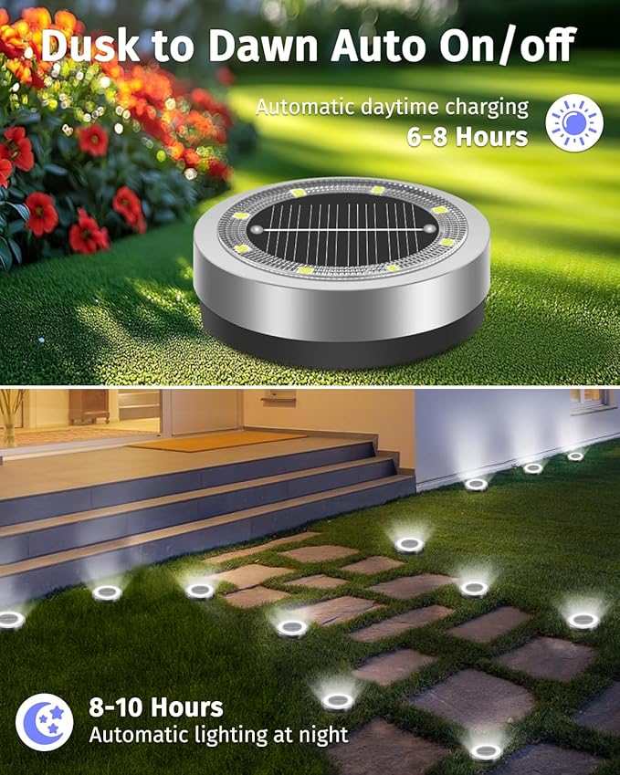 Mini Solar Ground Lights 2 Pack Outdoor IP65 Waterproof Solar Flat Garden Light Solor Powered Disc Pathway Lights for Outside Walkway Yard Landscape Patio Lawn Driveway-Cool White