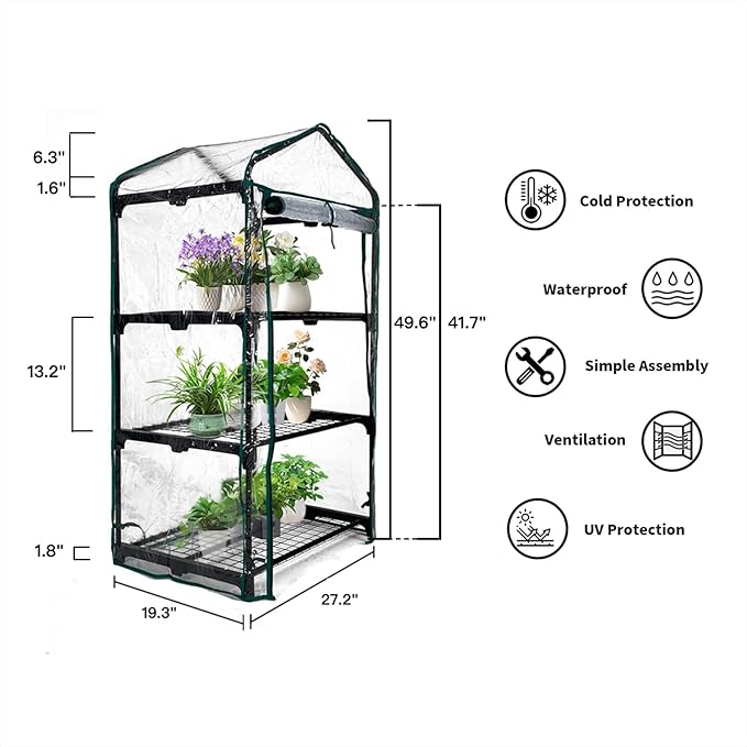 GreenGiggle 3 Tier Mini Indoor Outdoor Greenhouse,27"x19"x49" GreenHouses with Clear PVC Cover and Roll-Up Zipper Door,Plastic Green House for Indoors Grow Tent&Garden greenhouses for Outdoors