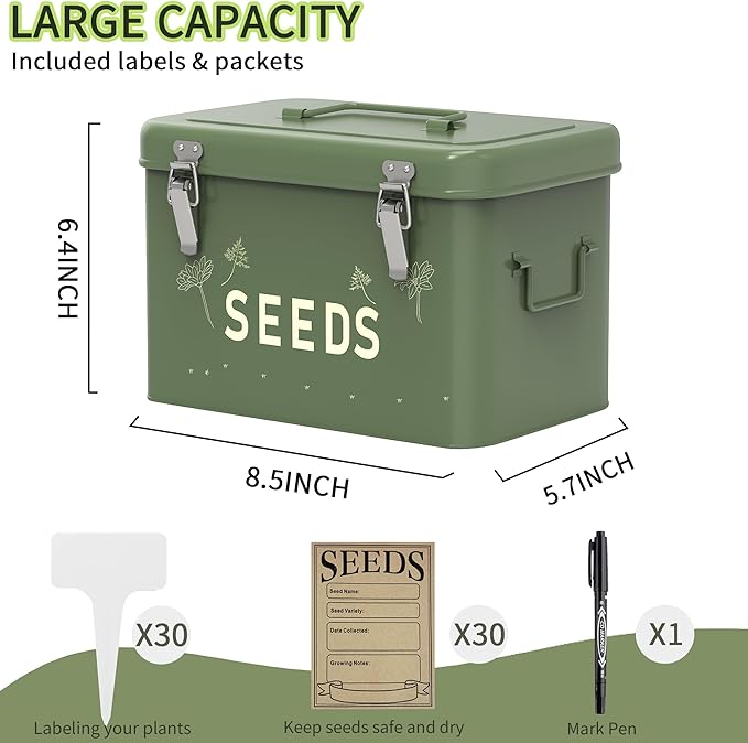 Orionstar Seed Storage Organizer, Metal Seed Saving Box with Lid, Seed Bin with 30 Plant Labels 30 Seed Envelopes 1 Marker Pens, 3 Compartments Box with Safety Locks, Tall Green
