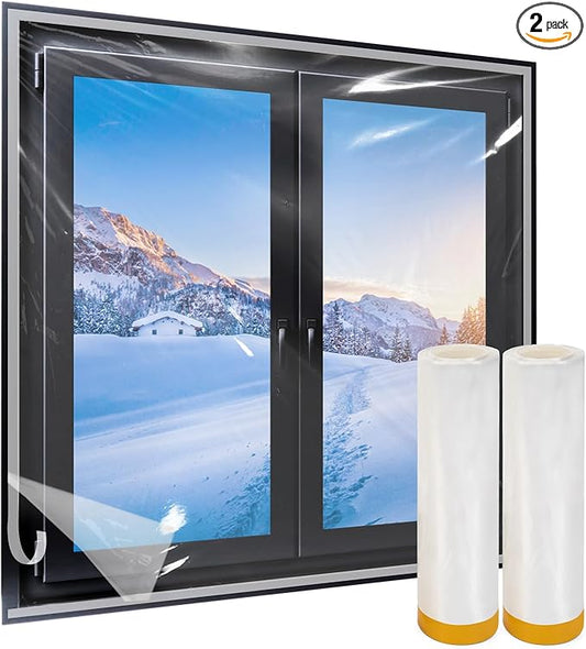 2 Pack Window Insulation Kit, Plastic Window Covering 62 Inch Wide × 393 Inch Length with Double-Sided Tape, Insulator Seal Kit for 20-3'x5' Windows Winterizing for Winter, 2 Roll Clear