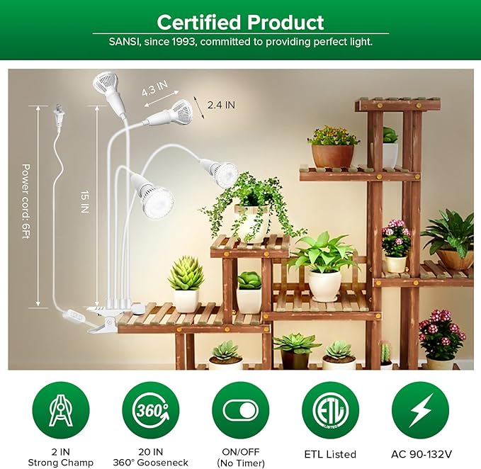 SANSI LED Grow Lights for Indoor Plants, 600W Full Spectrum Clip-on Gooseneck Grow Light with Ceramic Tech.,40W Power Plant Light with Optical Lens for High PPFD, Lifetime Free Bulbs Replacement White