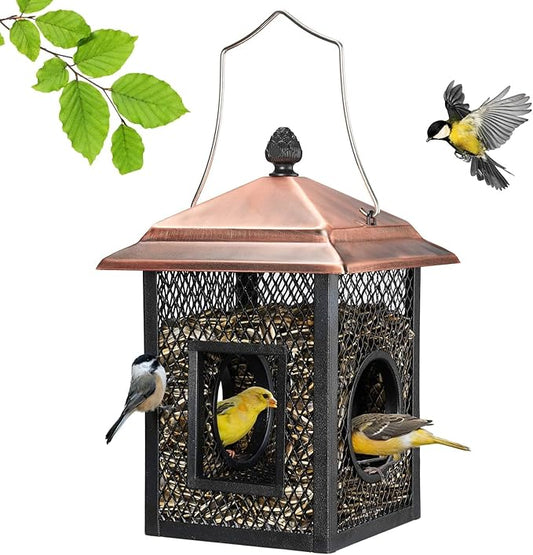 Veehoo Metal Bird Feeder for Outdoors Hanging, Fly Through Wild Birdfeeder Outside, Finch Cardinal Chickadee Feeders for Peanut Sunflower Seed, Antique Bronze