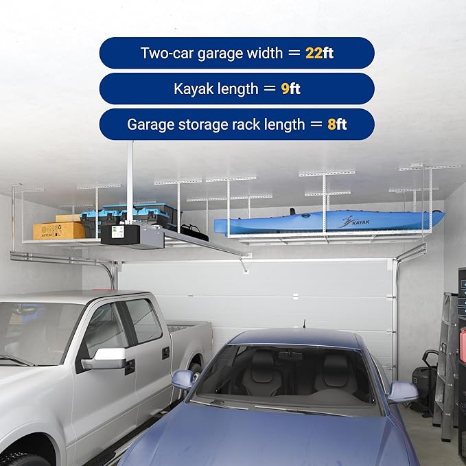 FLEXIMOUNTS 4x8 Overhead Garage Storage Rack, Adjustable Organization System, Heavy-Duty Metal Ceiling Racks, 750lbs Weight Capacity, White