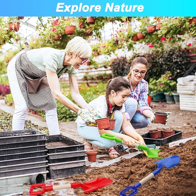 16'' Long Kids Beach Shovels Sand Spade Toys Gardening Tools with Wooden Handled, ABS Plastic Sturdy Scoop for Shoveling Digging Sand Snow Sandbox Backyard Summer Travel (3PCS - Blue Green Red)