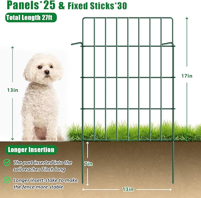 25 Pack Garden Fence Animal Barrier Fencing 1.44 inch Spacing Total 27ft (L) x 24in (H) Rustproof Metal Wire Yard Blocker Dog Fences Border for Outdoor Flower Bed Landscape Fencing Decor Green
