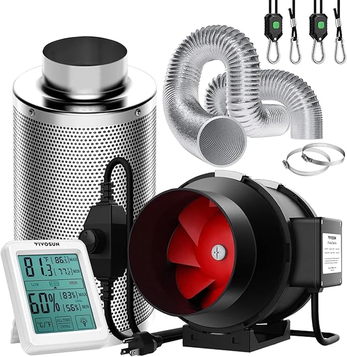 VIVOSUN 6 Inch 390 CFM Inline Fan with Speed Controller, 6 Inch Carbon Filter and 8 Feet of Ducting, Temperature Humidity Monitor for Grow Tent Ventilation
