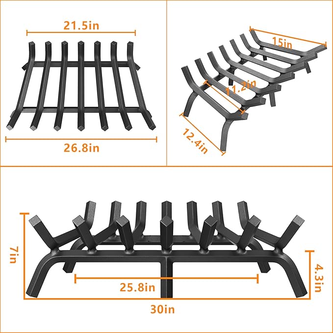Mr IRONSTONE Fireplace Grate 30 inch Solid Steel Heavy Duty Firewood Log Burning Rack Fire Grates for Outdoor Kindling Tools Pit Indoor Fireplace Log Holder Wrought Iron Wood Stove