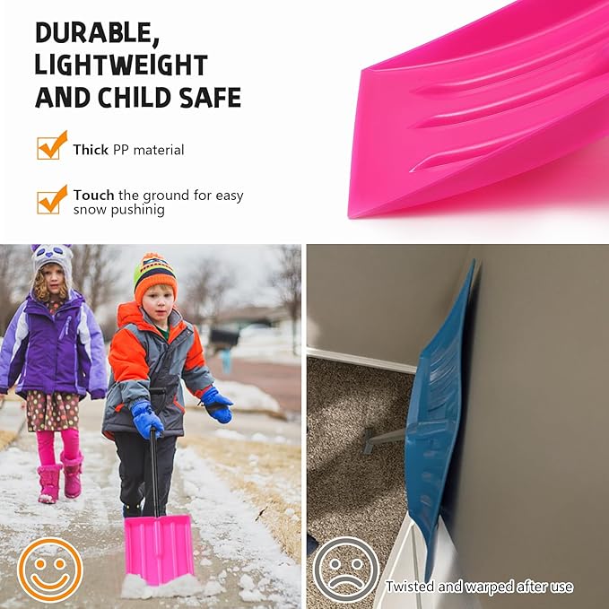 Kids Snow Shovel, Durable Thick Plastic Blade with Metal Handle, Comfort D-Grip, 32inch Snow Shovel for Kids Age 3-12 (Pink)