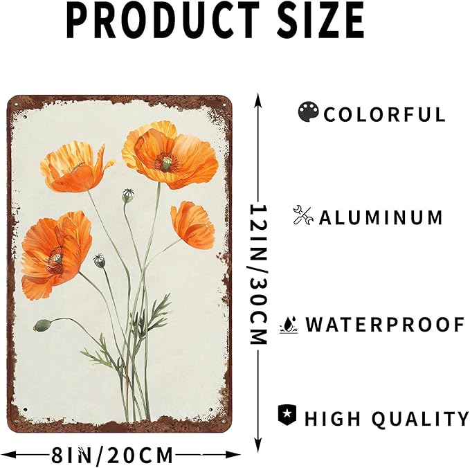 Metal Signs Orange Flowers Vintage Metal Tin Sign for Home Office Kitchen Bar Cafe Garden Wall Decor 12x8 Inch