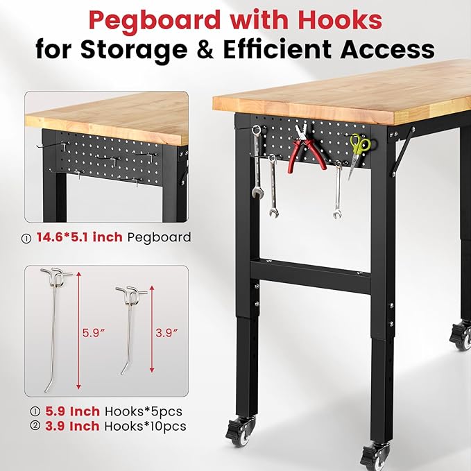 Workbench for Garage 48 Inch Work Bench with Wheels Adjustable Height Work Bench with Pegboard, Power Outlets for Woodworking, Home, Office, Workshop