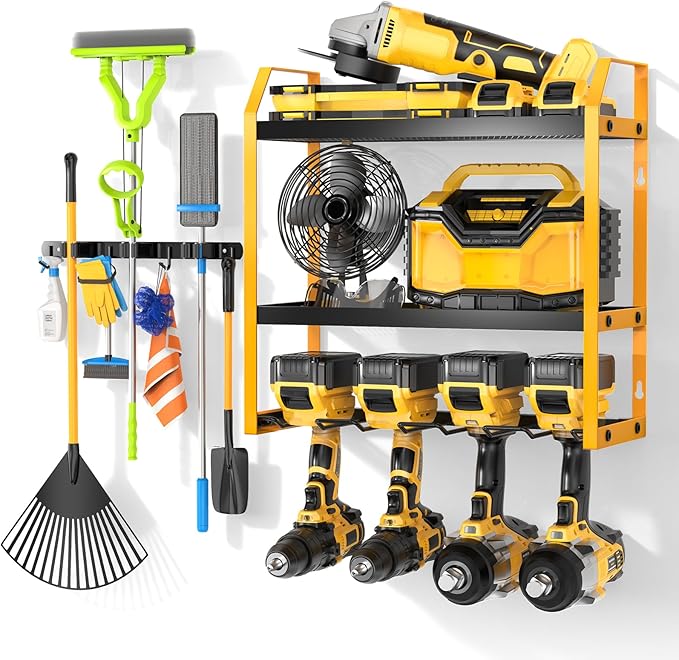 Power Tool Organizer Wall Mount with Broom Holder Combo, Yellow & Black 3-Tier Garage Storage Rack with Battery Storage, 4 Drill Holder Slots, Heavy Duty Steel 150LB Capacity