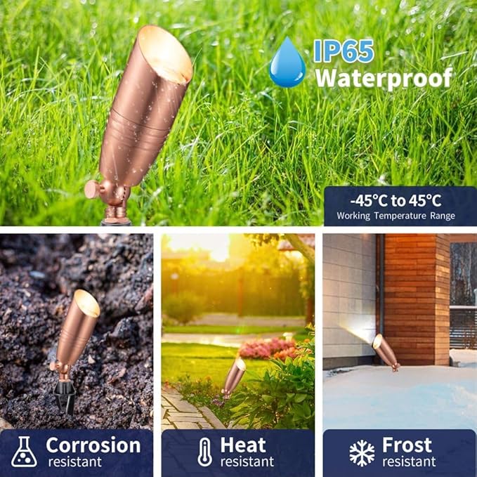 Spot Light Brass - Outdoor Landscape Spotlights LED, 12V Low Voltage Landscaping Uplights, Hard-Wired All Weather Copper for Backyard Lawn with Day Light Changeable Bulbs (8 Pack)