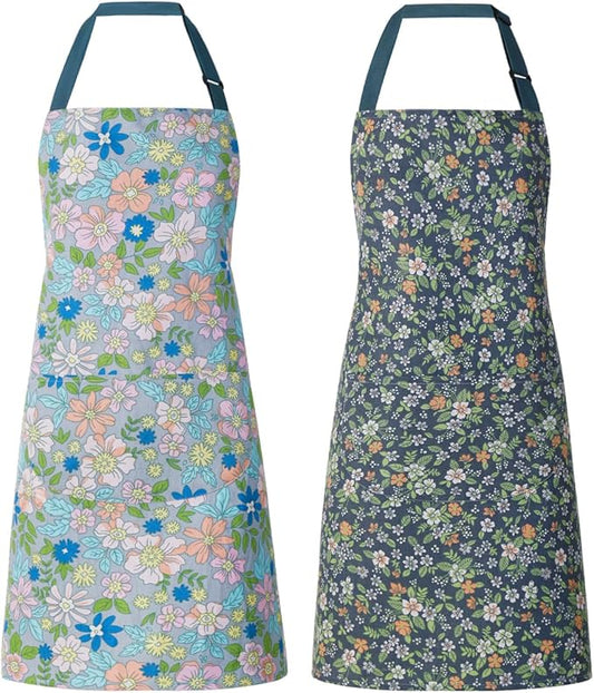 2 Pack Floral Apron for Women with Pockets, Adjustable Cotton Chef Aprons for Kitchen, Cooking, BBQ & Grill