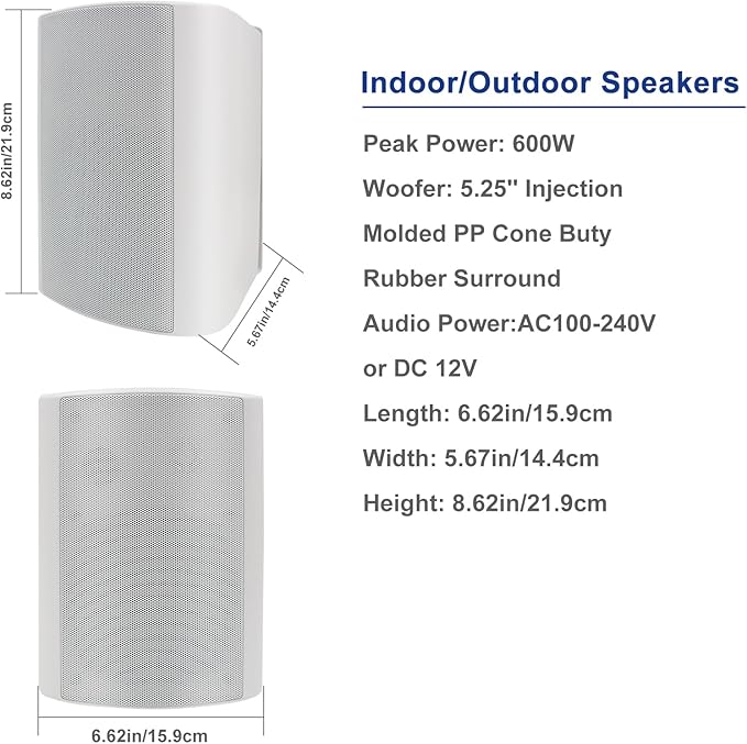 STUDIOFINIX 5.25 Inch 600W Passive Wall Mount Speakers Weather Resistant Indoor Outdoor Speakers for Patio Garage Home,2 Pairs (White)