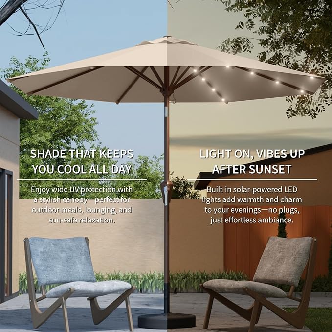 10FT Solar Umbrella 32 LED Lighted Patio Umbrella Table Market Umbrella w/Tilt and Crank, UV-Resistant Outdoor Umbrella for Pool, Garden, Deck, Beige