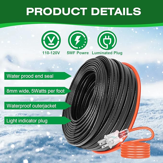 100FT Heat Tape for Water Pipes, -40°F Anti-Freeze De-Icing Heating Tape, Pipe Insulation Heating Cable for Insulation/Roof Snow Removal, Gutter Heating Cable, Heated Water Hose 120V 5W/ft