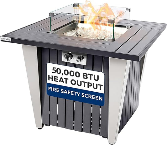 SereneLife Propane Fire Pit Table with Sturdy Metal, Gas Pits with 50,000 BTU and Stainless Steel Fire Pan, Includes Decorative Glass Rocks, Weather Cover, CSA Certified for Outdoor Fireplaces