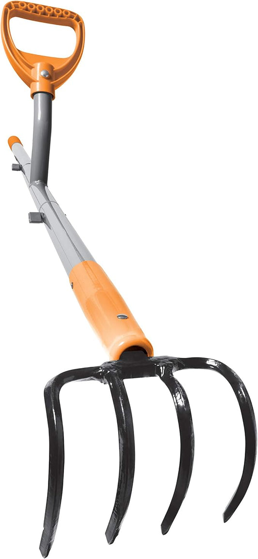ErgieShovel 54" Ergonomic Steel Garden Cultivator w/ D Grip Handle, 4 Tine Head Lawn Tool for Yard Work, Soil Aeration, & Weeding, Orange - ERG-CLTV45