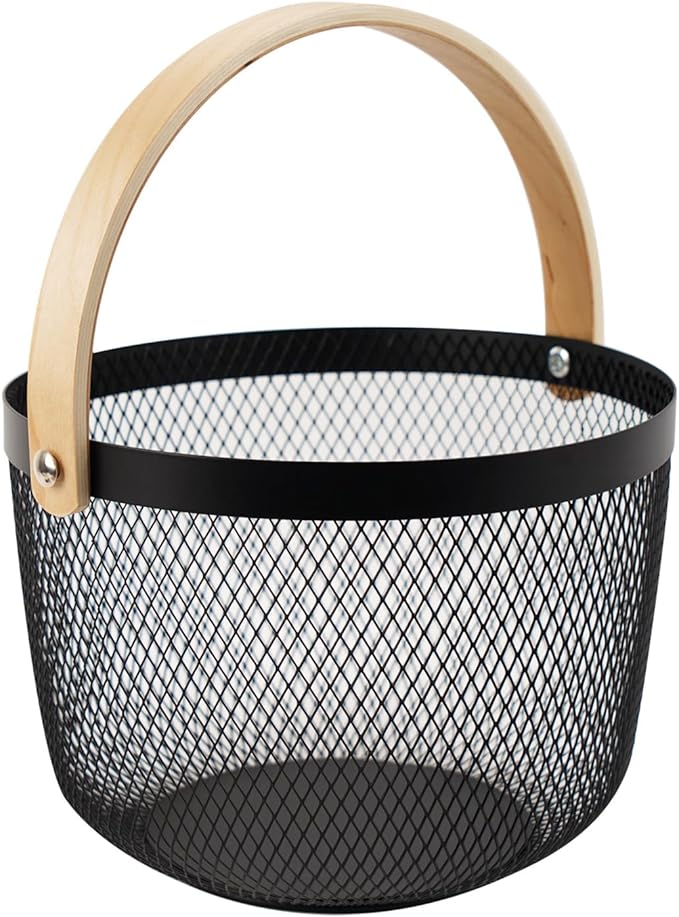 Metal Mesh Steel Basket, Garden Harvest Basket for Gathering Vegetables Round Wire Basket with Handle Storage Organizer Multi-functional Hanging Fruit Basket for Kitchen Bathroom Picnic