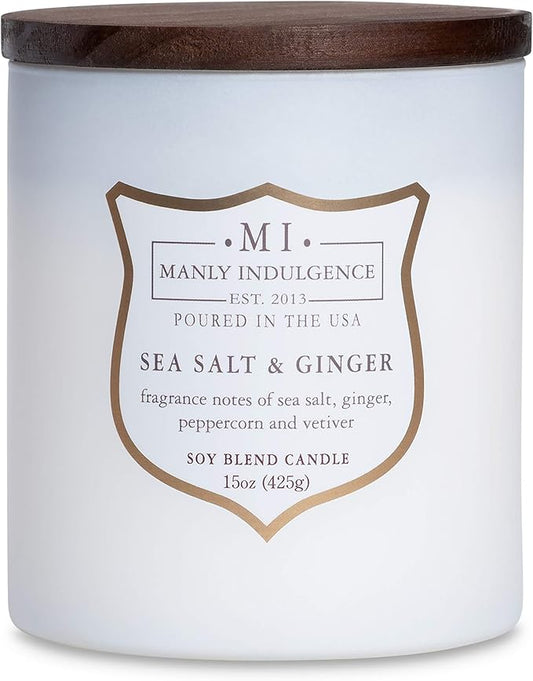 Manly Indulgence Sea Salt & Ginger Scented Candles for Men, 15 oz Wooden Wick, Premium Soy Blend Wax, 60H Burn, Candles for Home Scented - Made in The USA