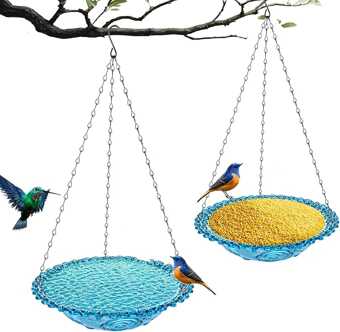 2 Pack Super Value Hanging Plastic Bird Baths and Feeders for Outdoors Bird Water Bowls and Seed Trays Set Attract Wild Birds Garden Yard Decor Gift (Blue)