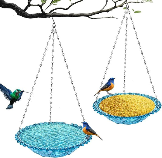 2 Pack Super Value Hanging Plastic Bird Baths and Feeders for Outdoors Bird Water Bowls and Seed Trays Set Attract Wild Birds Garden Yard Decor Gift (Blue)
