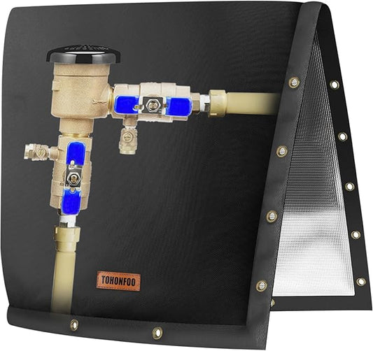 TOHONFOO 2-Way Opening Backflow Preventer Pipe Insulation Cover (5°F) - Irrigation Sprinkler Valve Cover - Water Well Pump Cover - Sturdy 5 Layers for Winter Freeze Protection (24" W x 24" H, Black)