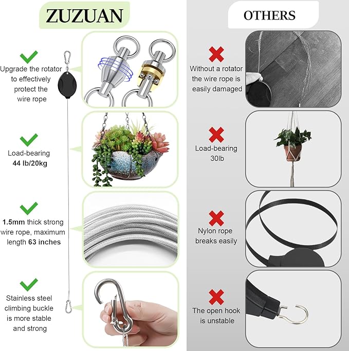 2025Upgraded 2Pcs Heavy Duty Retractable Plant Hanger, 44lbs Load, Auto Lock, Adjustable Hook for Hanging Plants, Bird Feeders, Wind Chimes, Garden Pots,Rust-Proof Stainless Steel,Black