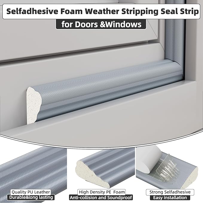 16.4 Ft Weather Stripping Seal Strip for Doors/Windows,Soundproofing Window Insulation Draft Stopper for Winter, Selfadhesive Foam Weather Strip for Door Frame,Door Gap Filler Noise Blocker(Gray)