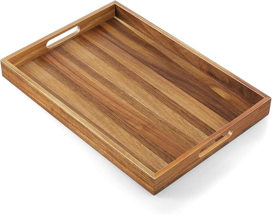 17 Inch Acacia Wood Serving Tray with Handles - Large Wooden Tray for Ottoman, Breakfast in Bed, Dinner, Coffee Table - Decorative Rectangular Tray for Living Room Bedroom Entryway and Kitchen