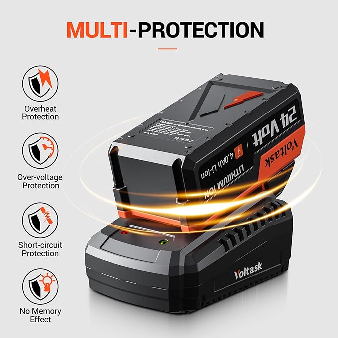 VOLTASK 24V 4.0-Ah Lithium iON Battery + 2.2A Rapid Charger for Cordless Snow Shovel and Cordless Snow Blower