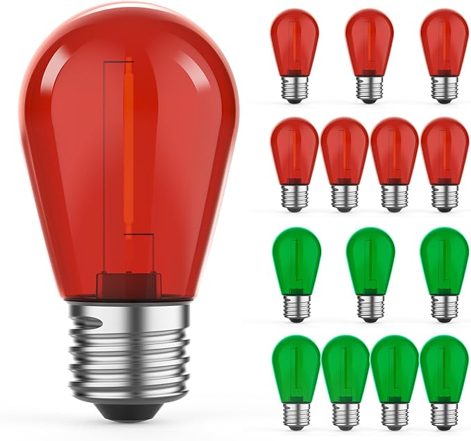 15 Pack S14 Colored LED String Light Bulbs, 1W Plastic Shatterproof Replacement Bulbs for Outdoor Patio Backyard Lights, E26 Medium Base, Dimmable, Warm White 2200K, Red/Green