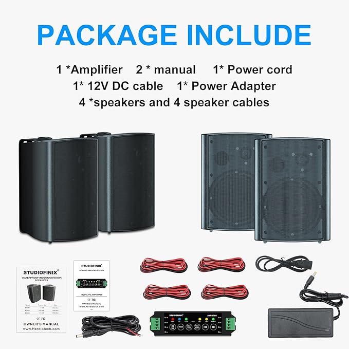STUDIOFINIX 800W 6.5 Inch Outdoor Bluetooth Speakers Waterproof Wired with Multifunctional Amplifier Wall Mount Weatherproof Loudspeaker System for Patio Garden Poolside Home(4 Speakers,Black)