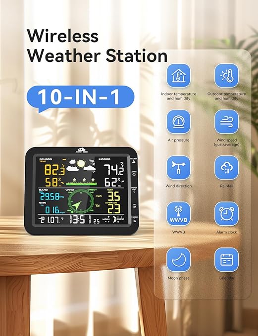 10-in-1 Wireless Weather Station with Outdoor Wireless Sensor,Radio Controlled Clock,Rain Gauge,Wind Speed/Direction,Moon Phase, Barometer,Temperature/Humidity,Weather Forecast (NO WiFi)